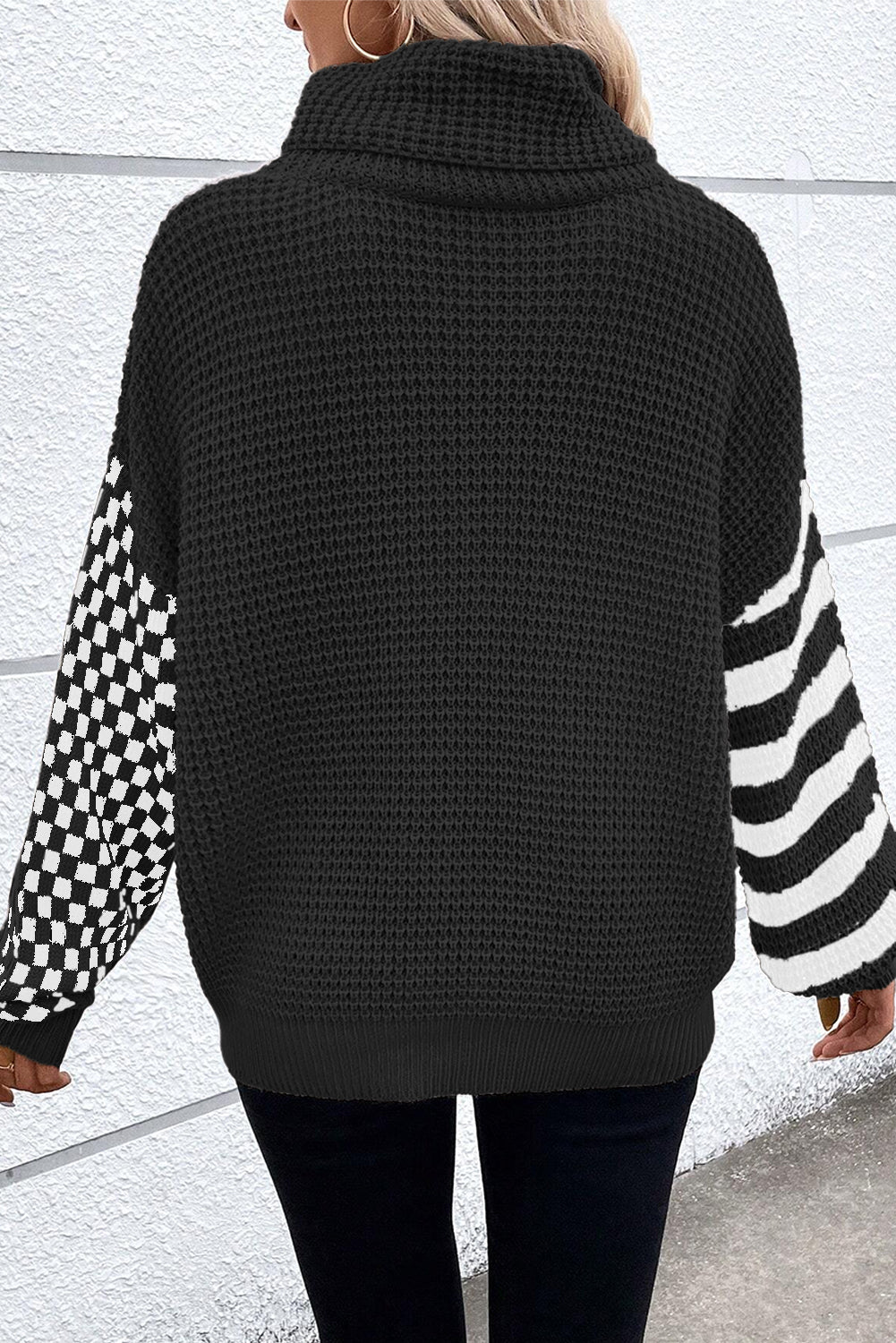 Smoke Striped Plaid Patchwork Waffle Knit Turtleneck Sweater