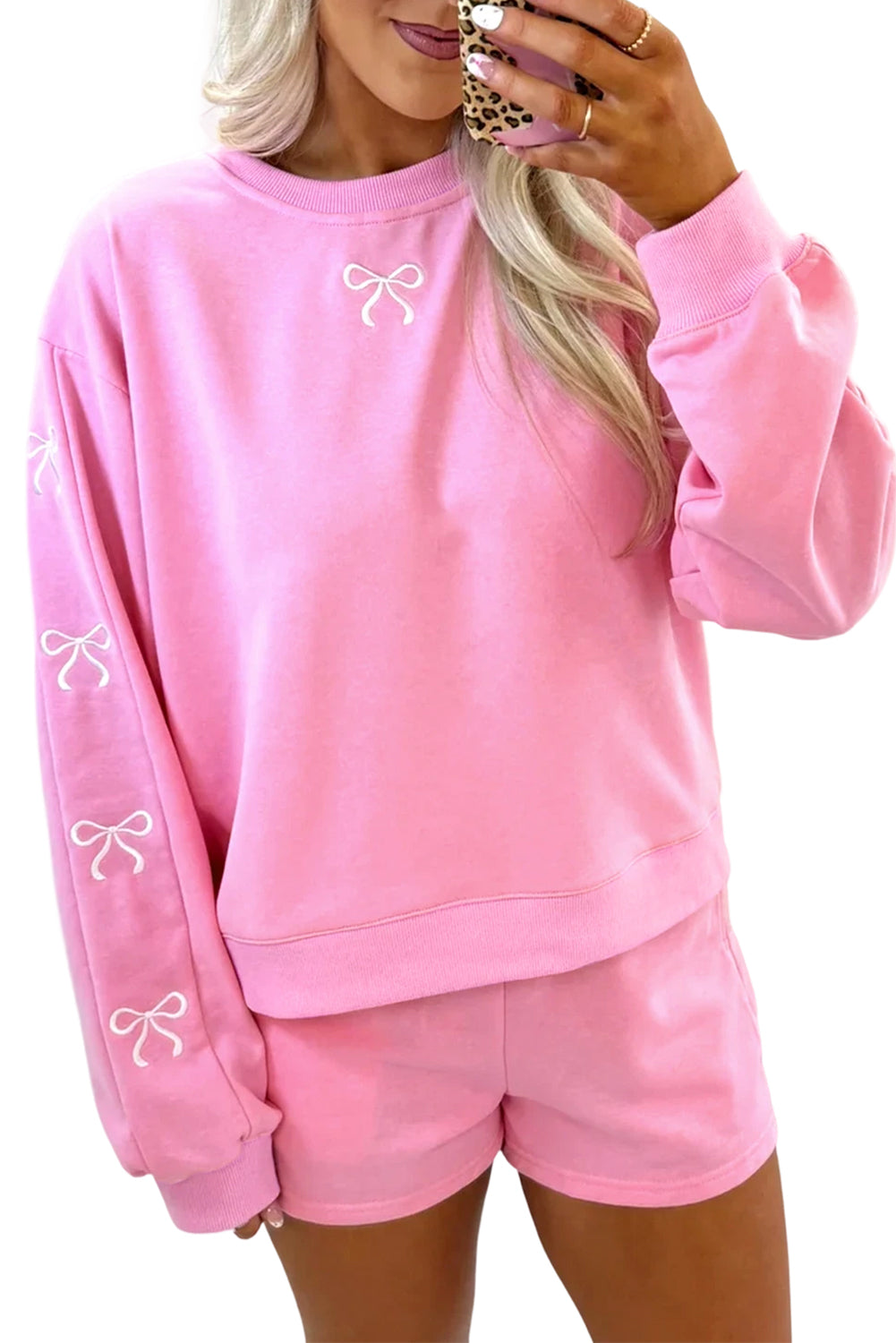 Bow Embroidery Long Sleeve Pullover and High Waist Shorts Set