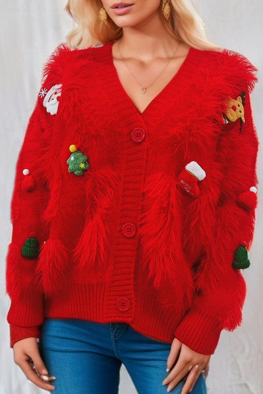 Tomato Red Faux Mink Christmas Single-Breasted Cardigan