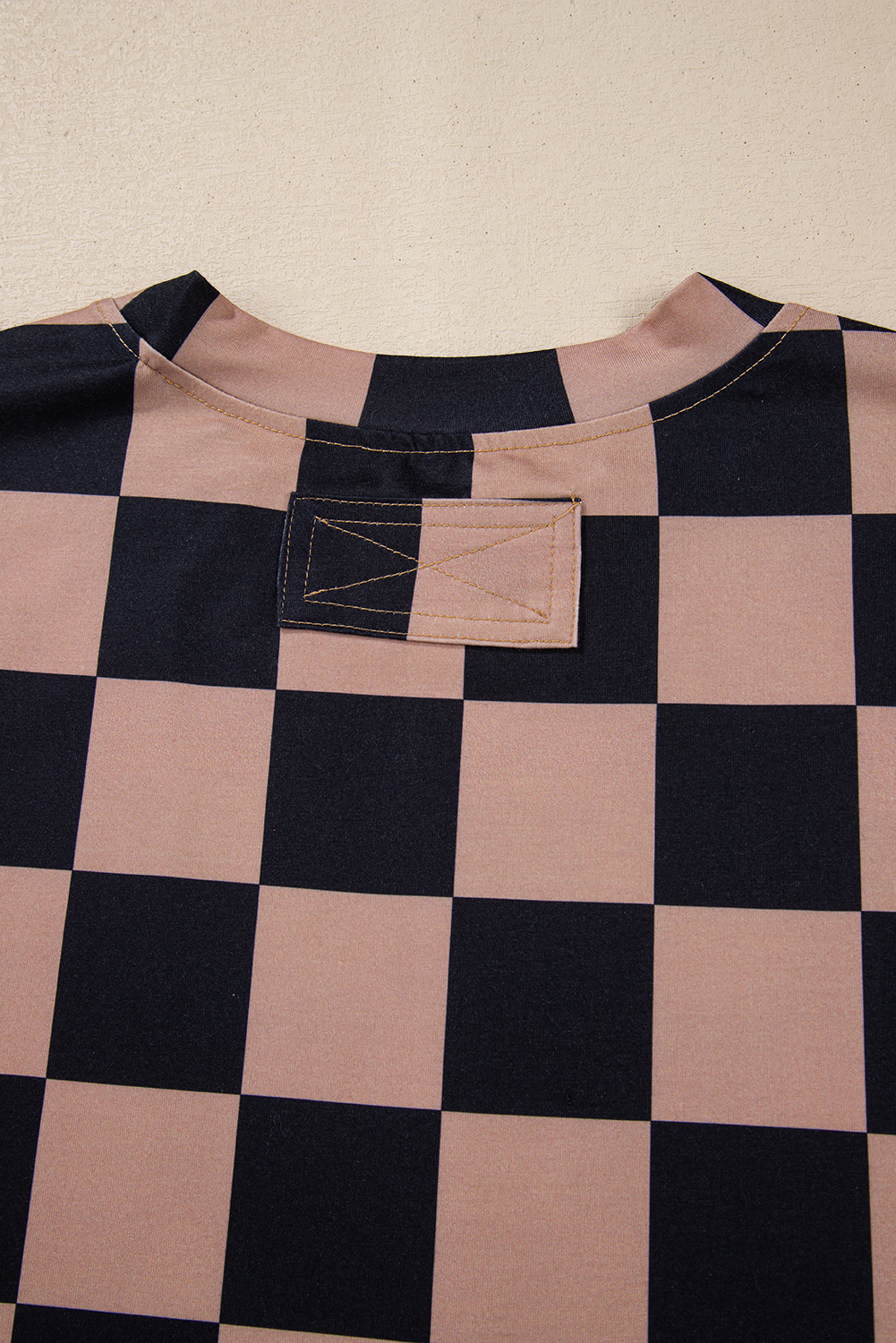 Light Beige Two Tone Checkered Crew Neck Loose T Shirt