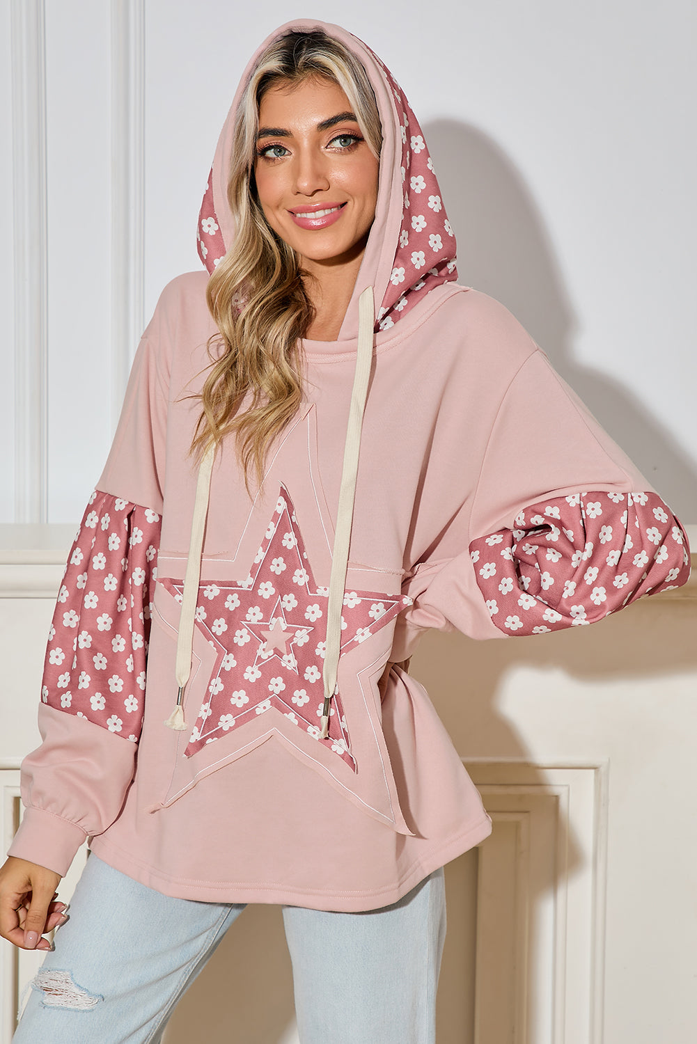 Floral Patchwork Star Pattern Drawstring Hoodie