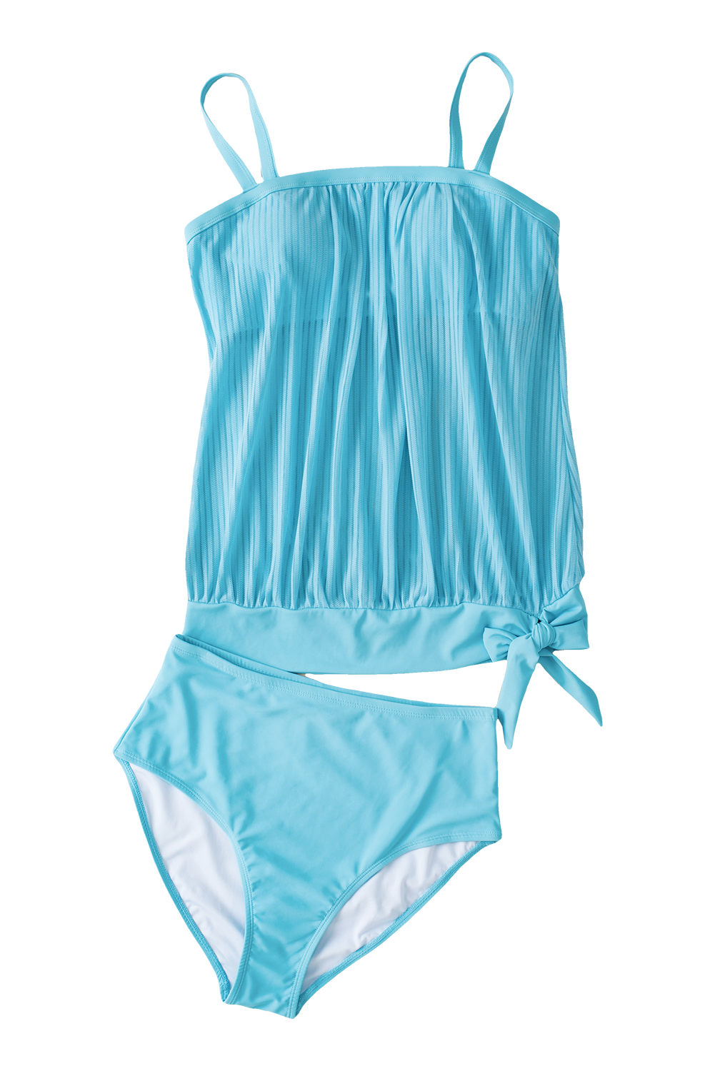 Striped Mesh Top and Knotted Bottom Tankini Set