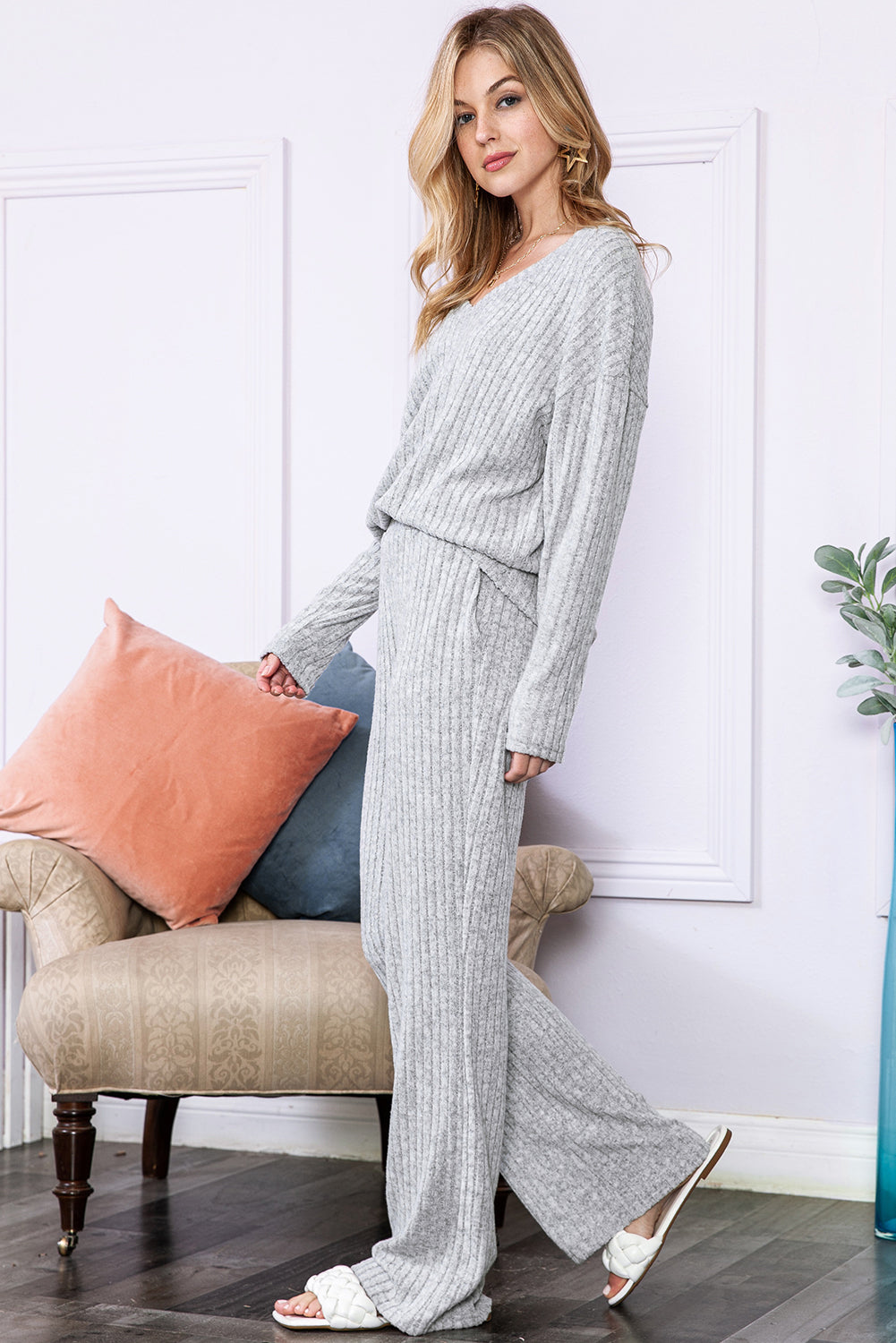 Slouchy Ribbed Knit V Neck Top & Pants Loungewear Set