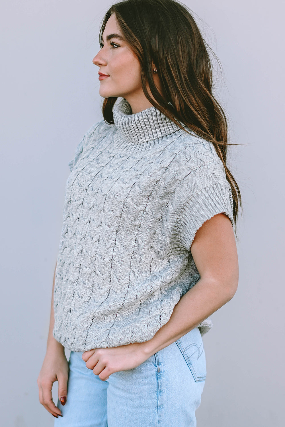 Medium Grey Cable Knit Turtleneck Short Dolman Sleeve Sweater