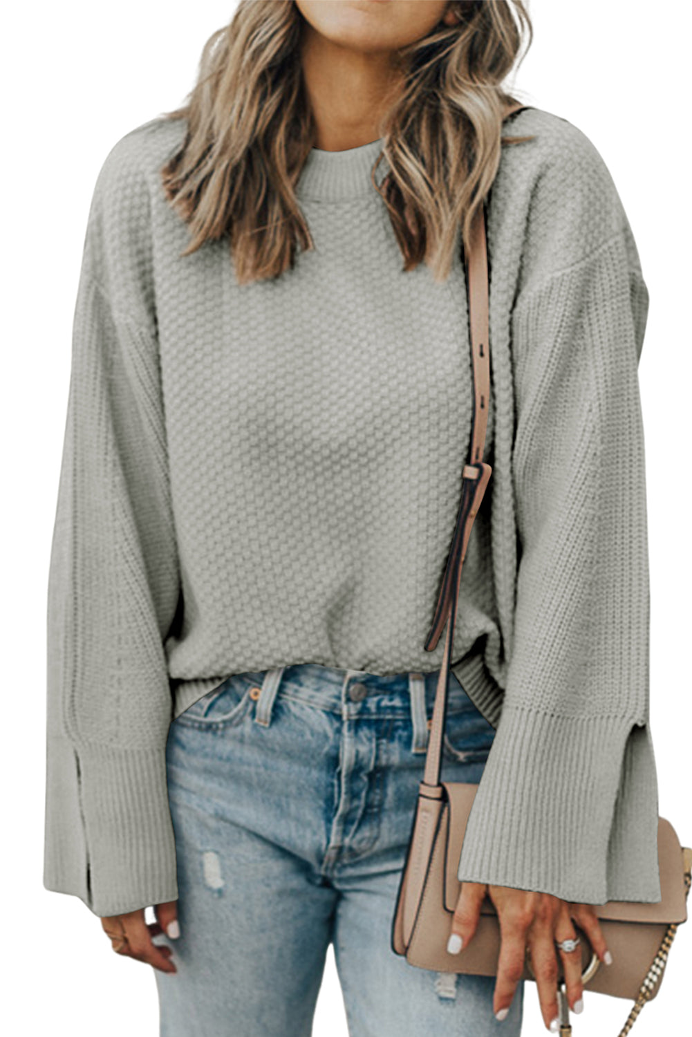 Textured Knit Split Cuff Drop Shoulder Loose Sweater