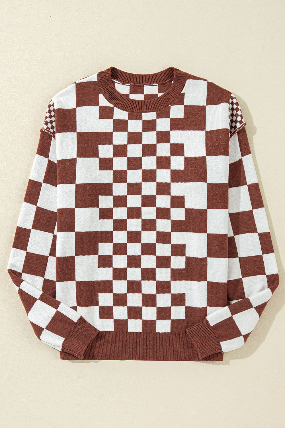 Checkered Drop Shoulder Round Neck Sweater