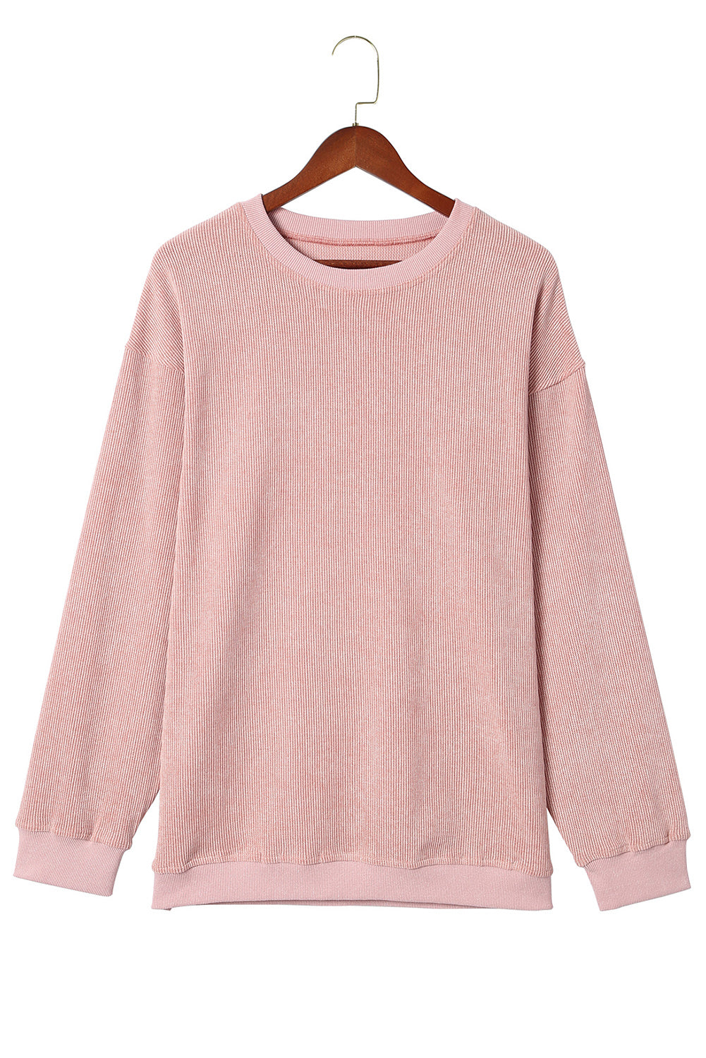 Solid Ribbed Round Neck Pullover Sweatshirt