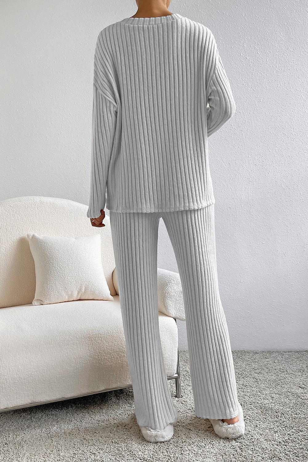 Slouchy Ribbed Knit V Neck Top & Pants Loungewear Set