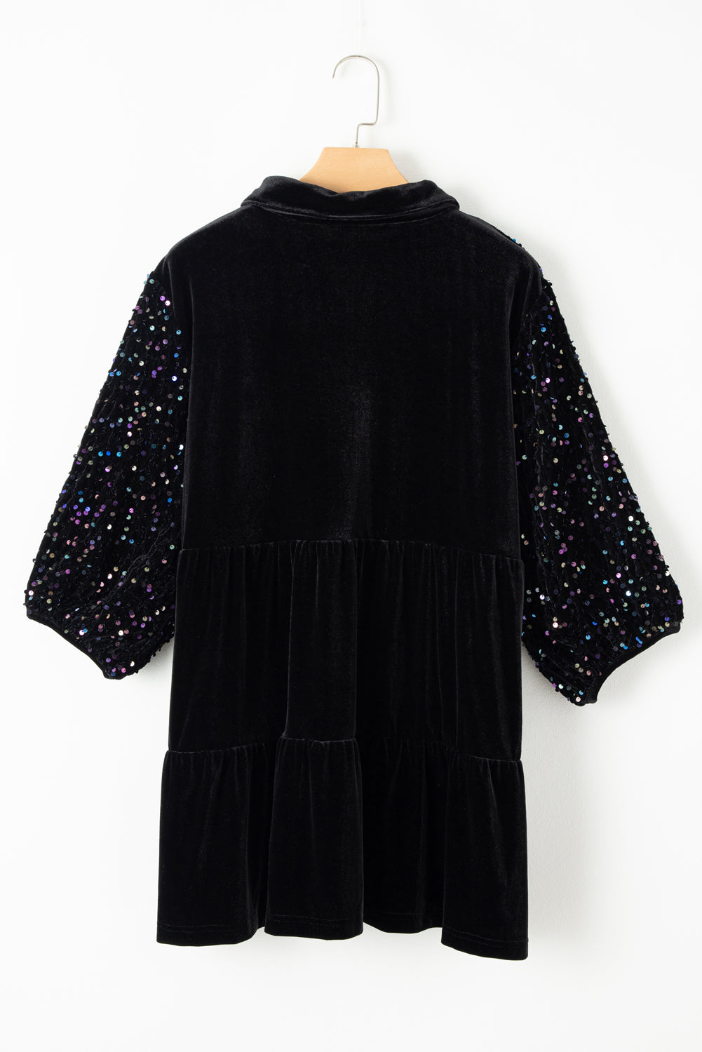 Black Velvet Sequin Puff Sleeve Button Babydoll Blouse