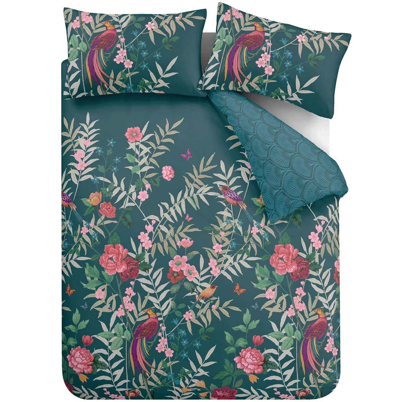 Tropical Floral Birds Reversible Green Duvet Cover Set by Catherine Lansfield