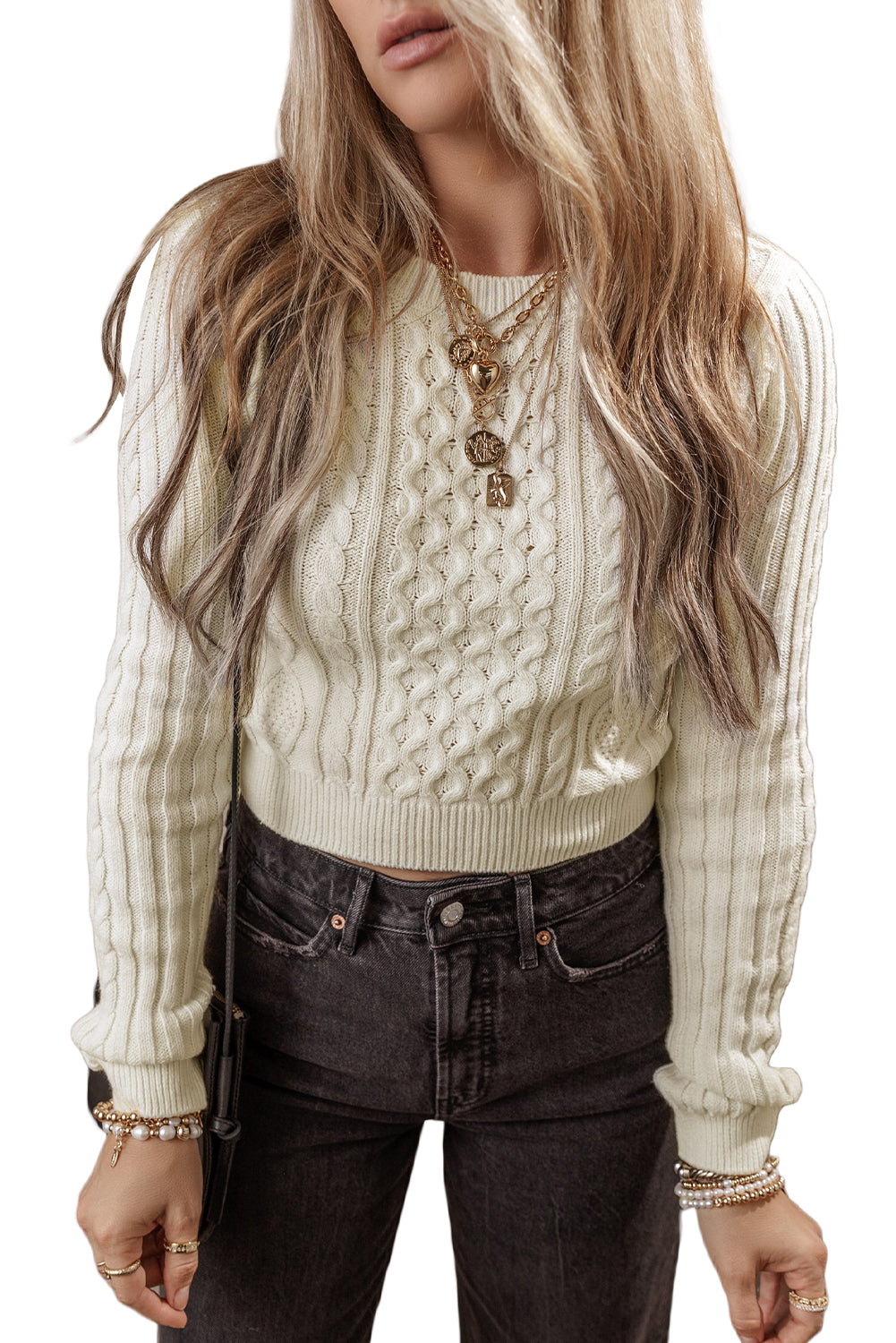 White Solid Colour Cable Knit Cropped Sweater