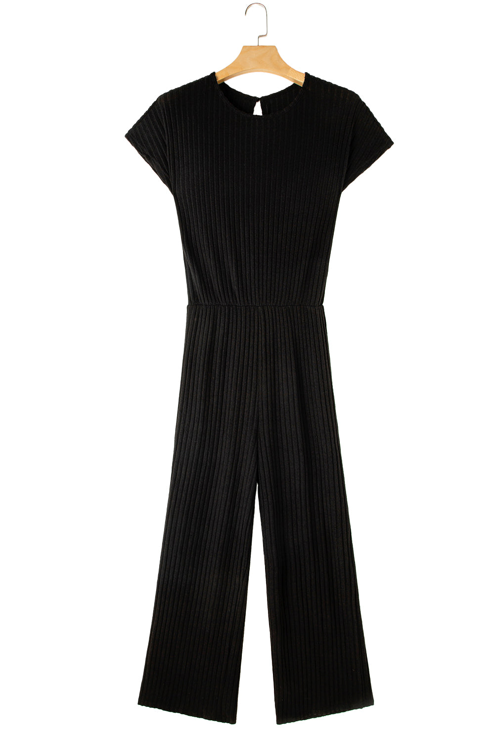 Solid Color Ribbed Short Sleeve Wide Leg Jumpsuit