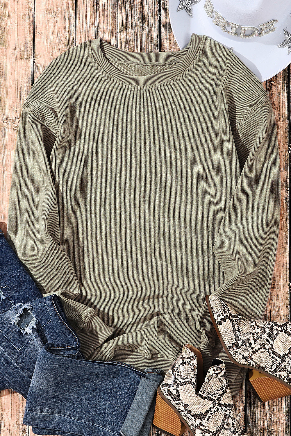 Solid Ribbed Round Neck Pullover Sweatshirt