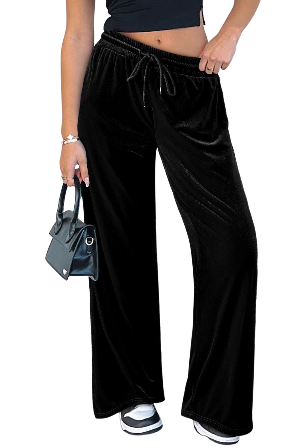 Black Solid Drawstring Waist Wide Leg Pants