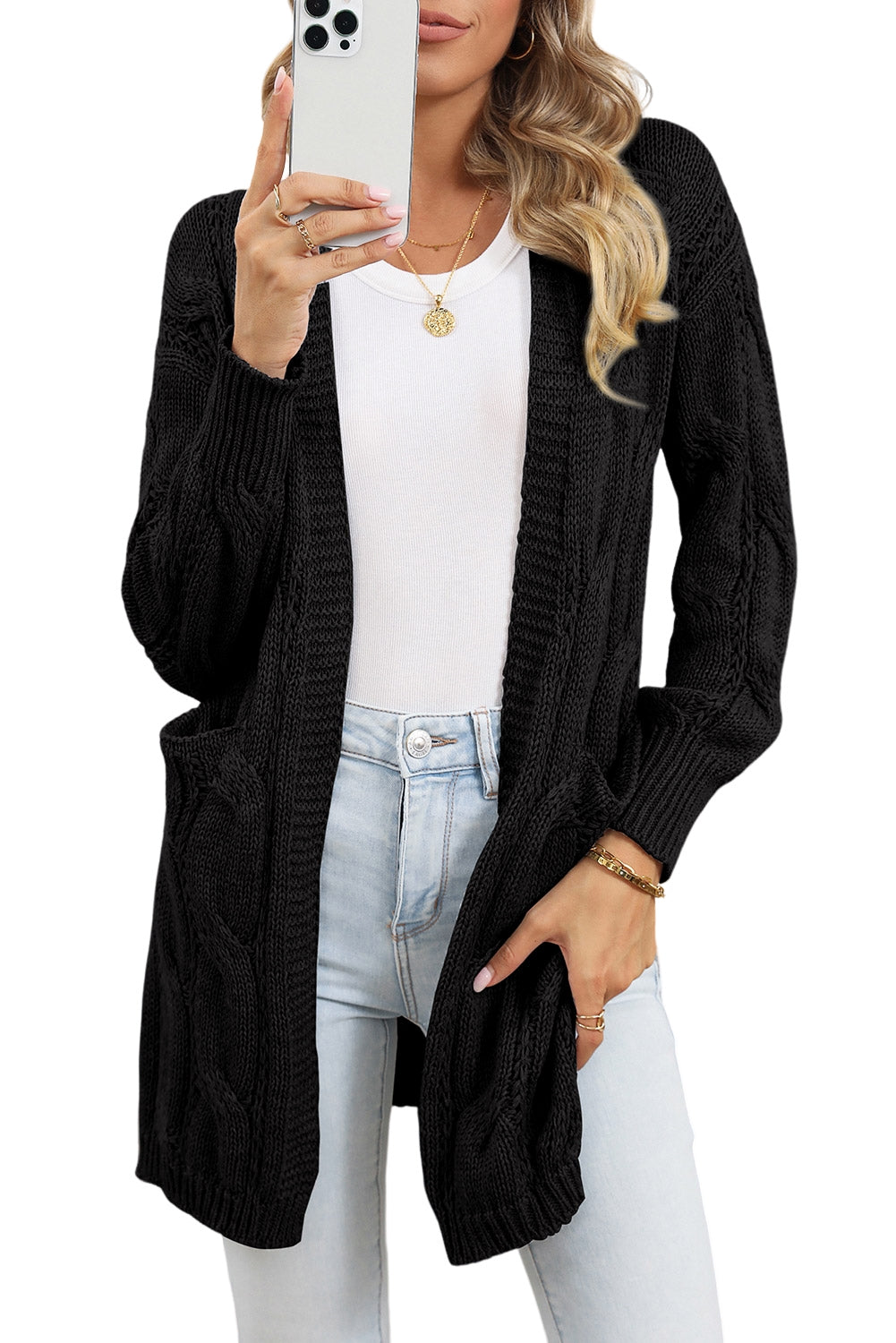 Red Ribbed Trim Hollow Knit Side Slits Cardigan