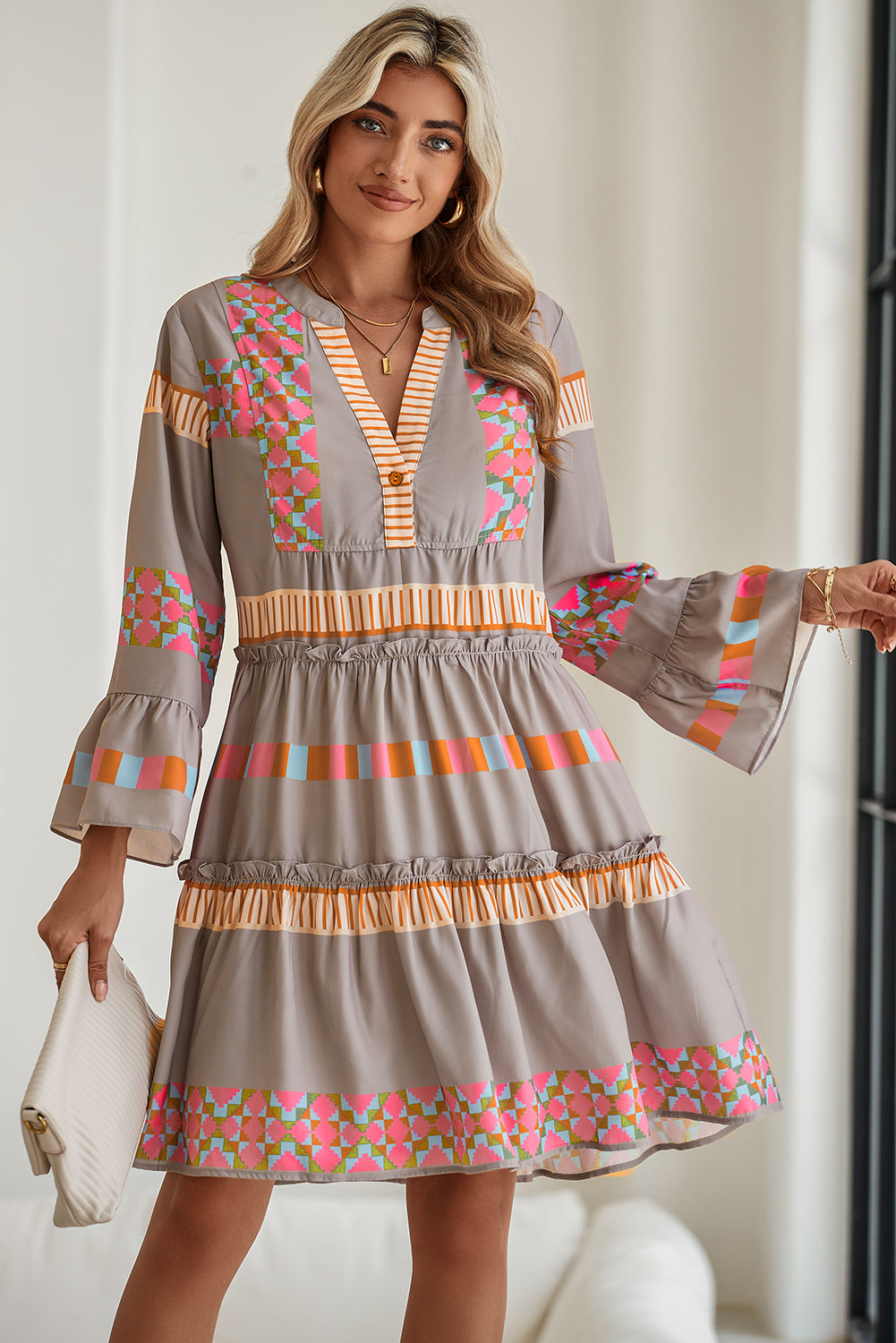 Simply Ethnic Geometric Print Ruffle Mini Dress