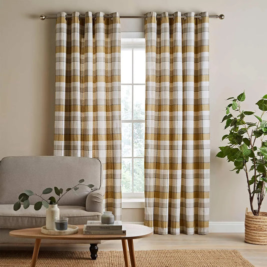 Ochre Brushed Cotton Thermal Check Eyelet Curtains - Catherine Lansfield