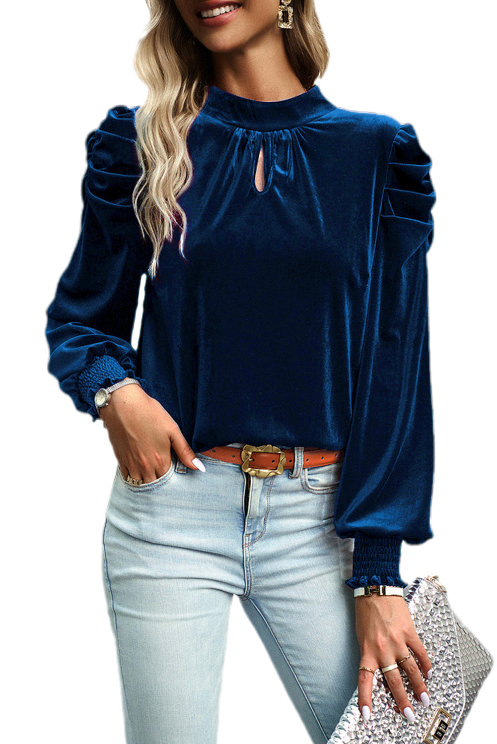 Mock Keyhole Neck Puff Sleeve Velvet Blouse