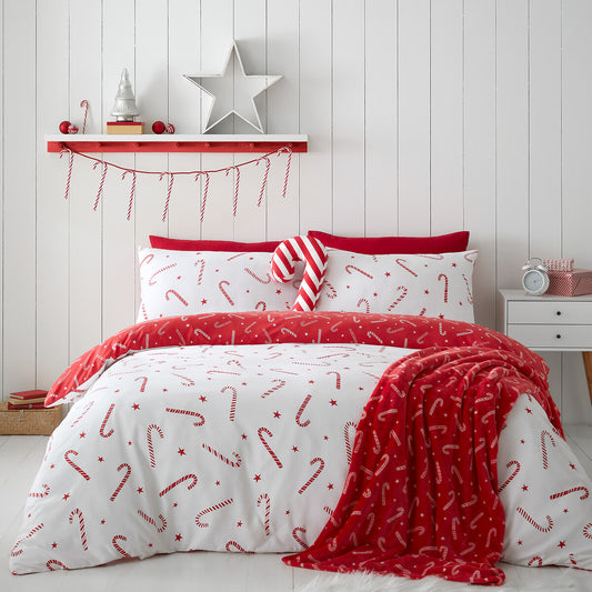 Catherine Lansfield White Christmas Candy Cane Reversible Duvet Cover Set