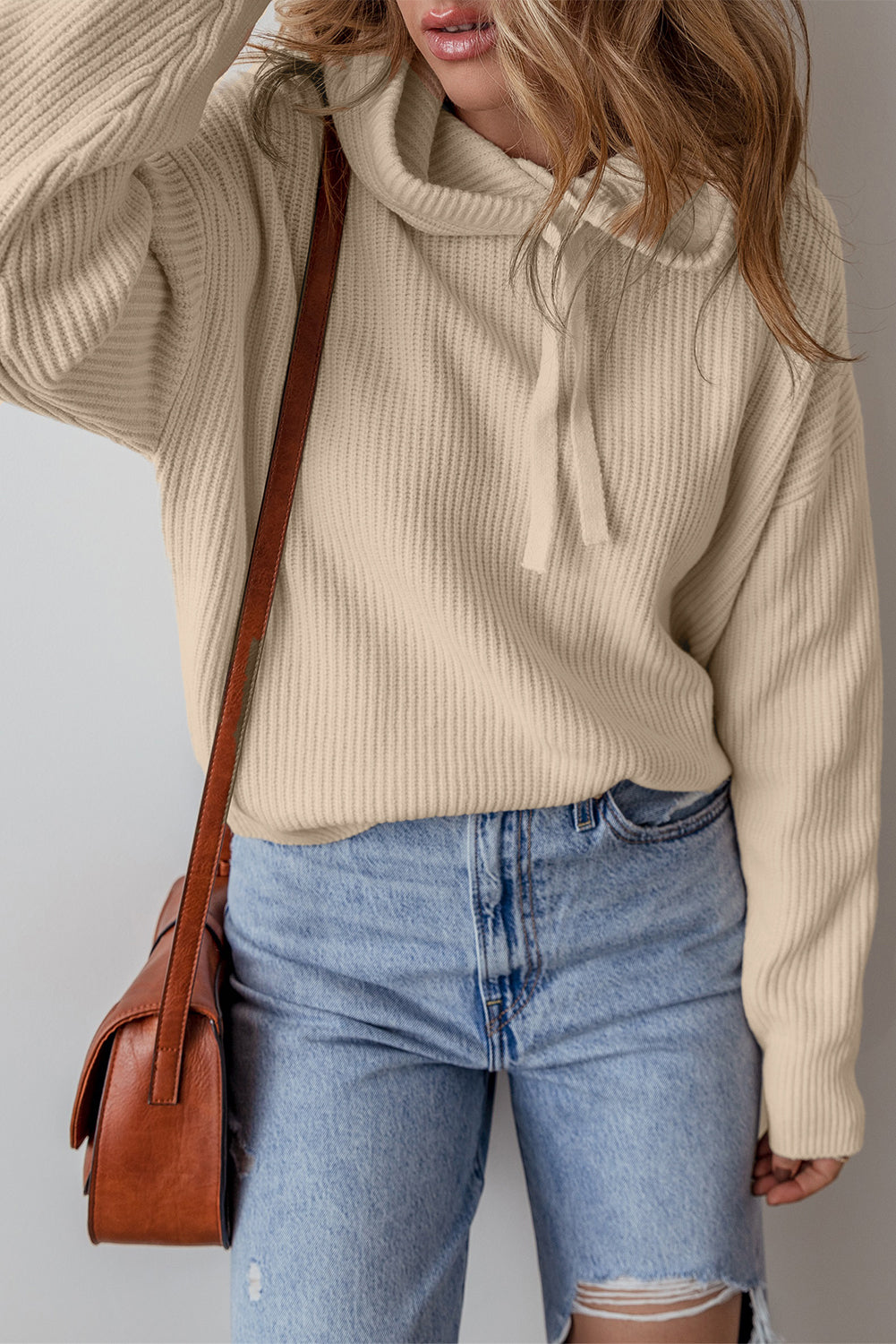 Beige Plain Drawstring Hooded Drop Shoulder Pullover Sweater