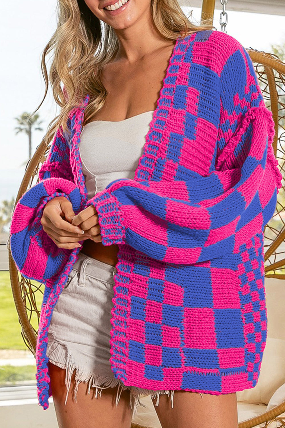 Colourblock Checked Open Front Knitted Cardigan