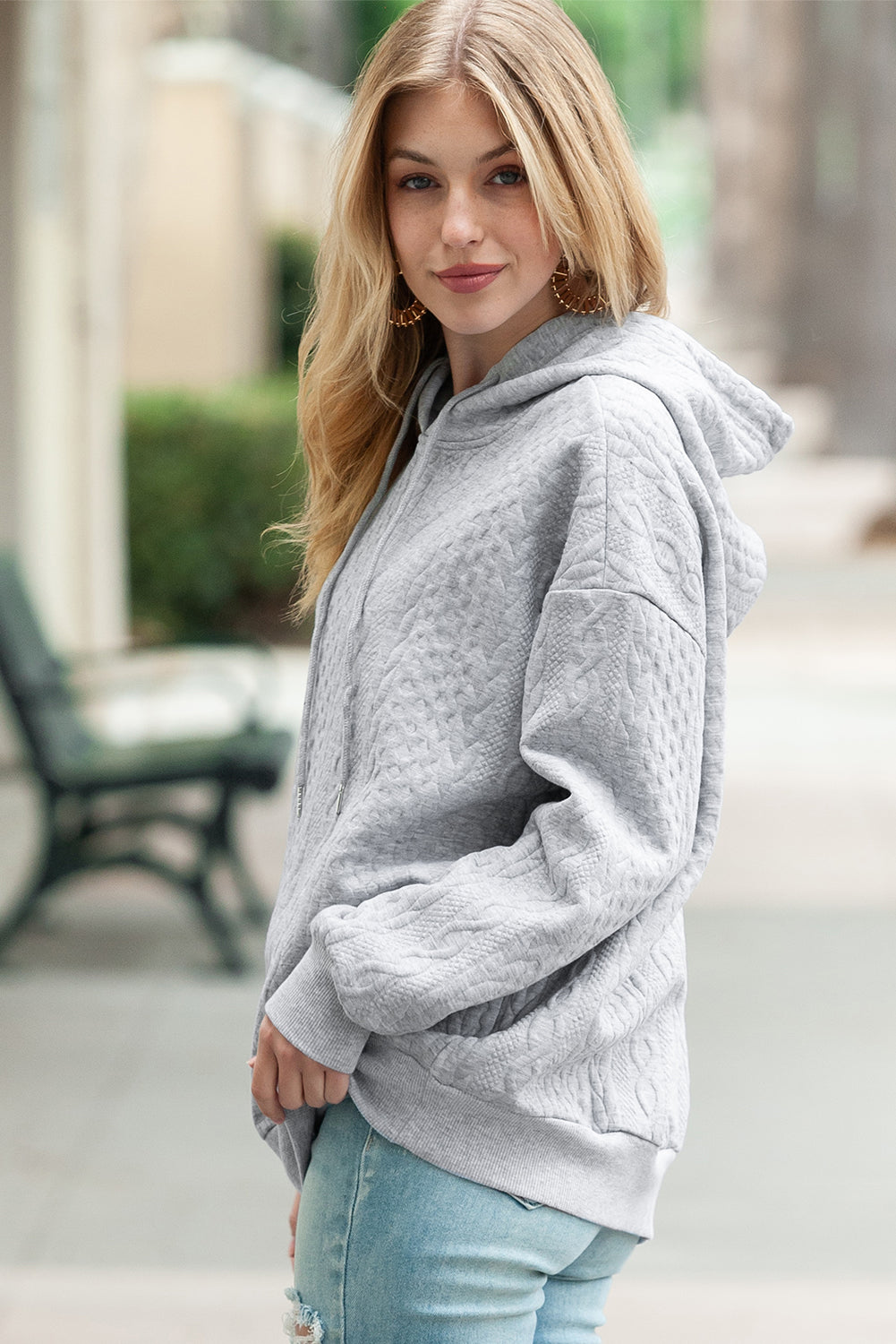 Grey Cable Textured Casual Drawstring Hoodie