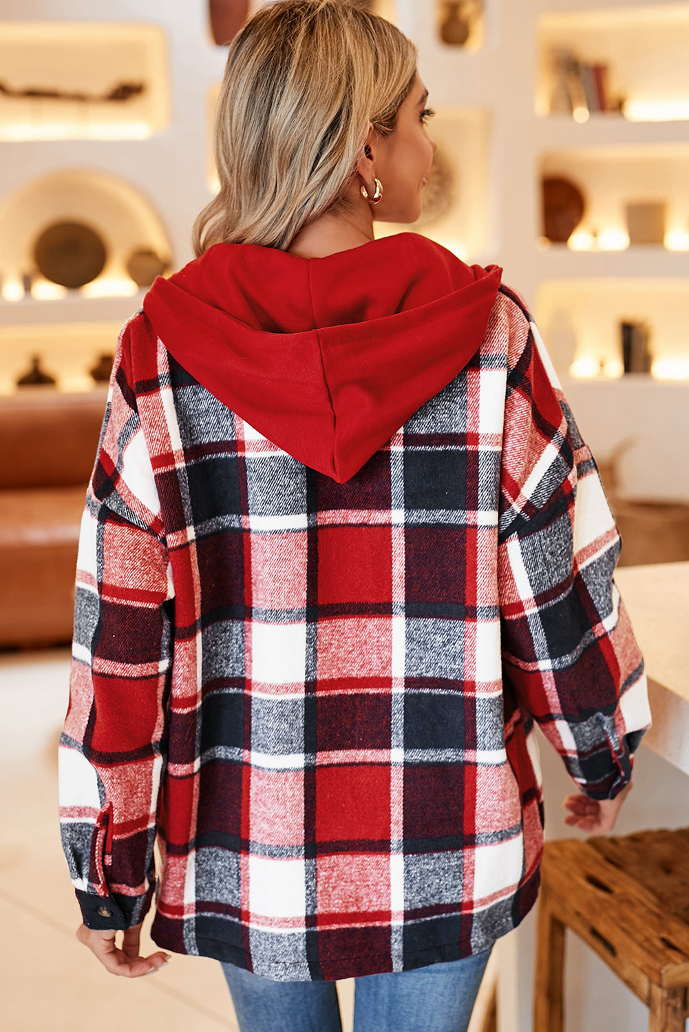 Plaid Button Front Drop Sleeve Hooded Shacket