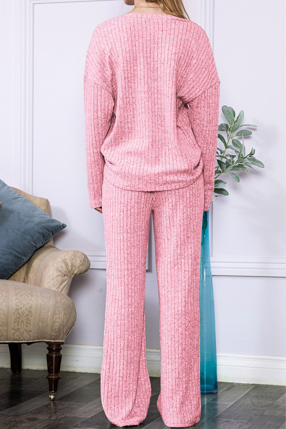 Slouchy Ribbed Knit V Neck Top & Pants Loungewear Set