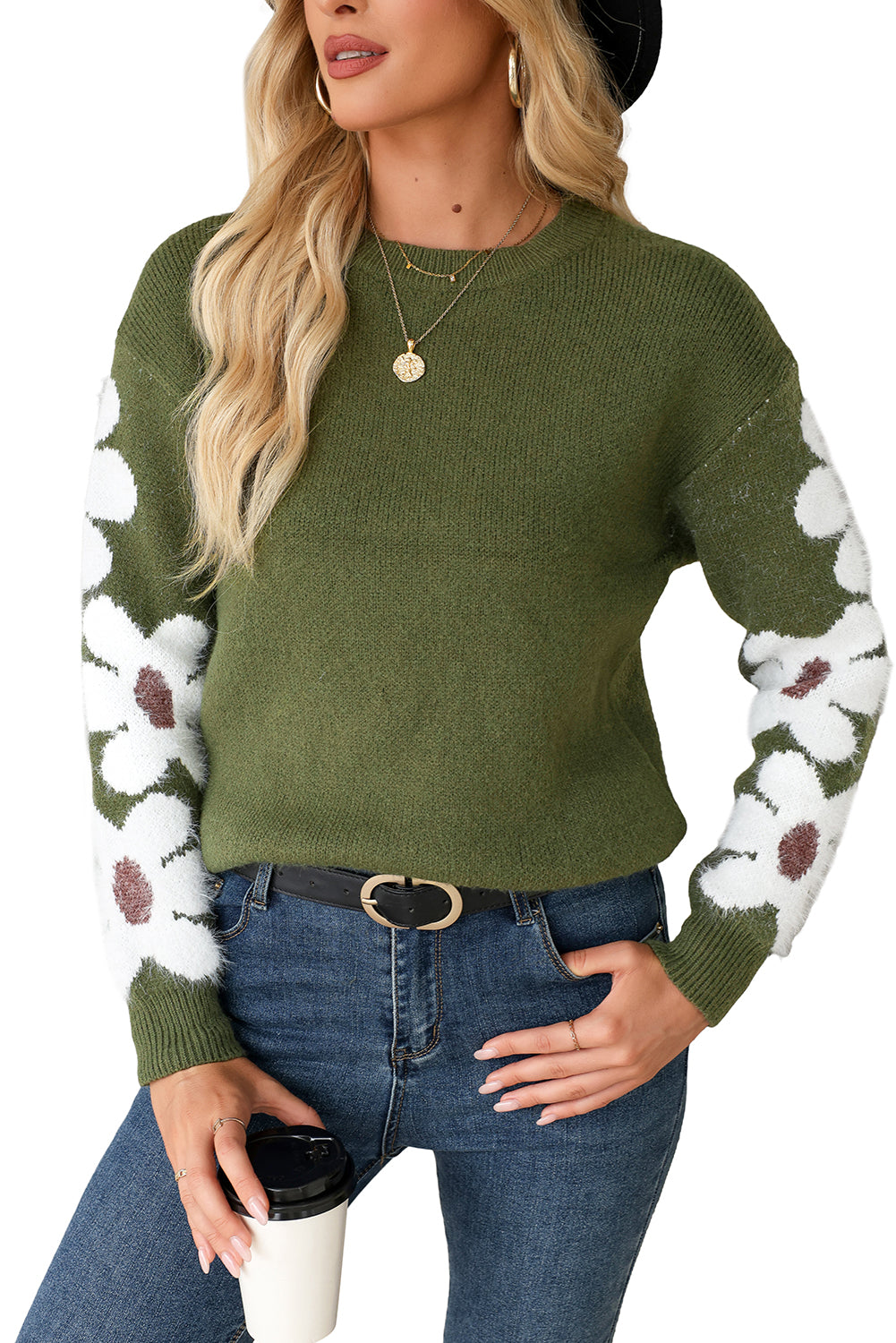 Light Grey Flower Sleeve Drop Shoulder Sweater