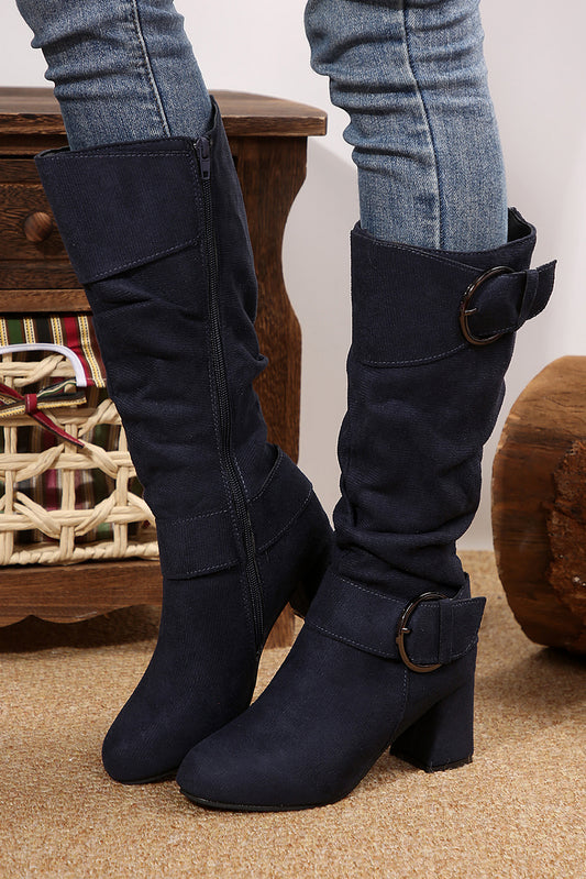 Suede Double Buckled Side Zipper Mid-calf Boots