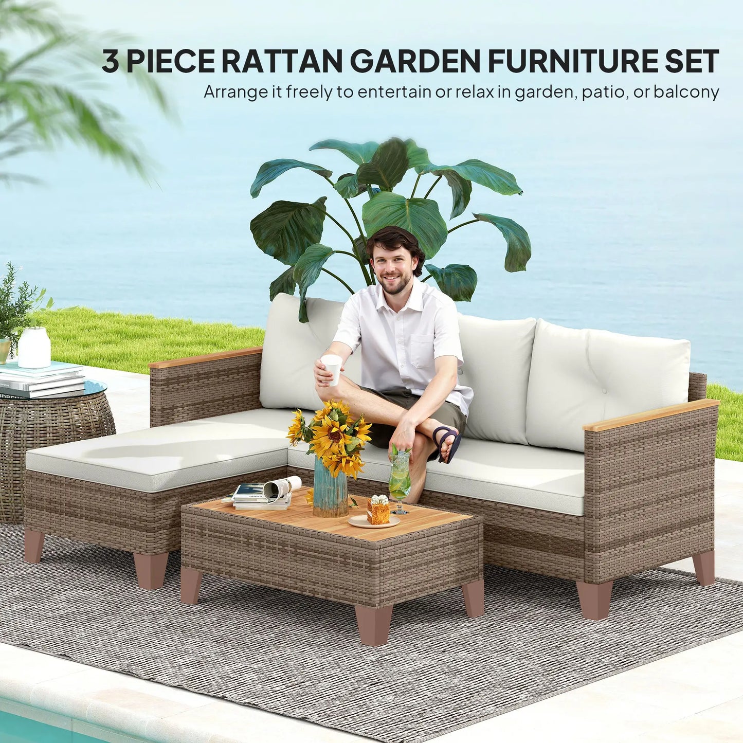 3 Pieces Rattan Garden Furniture Set - L-Shaped Sofa with Acacia Wood Coffee Table & Cushions - Cream