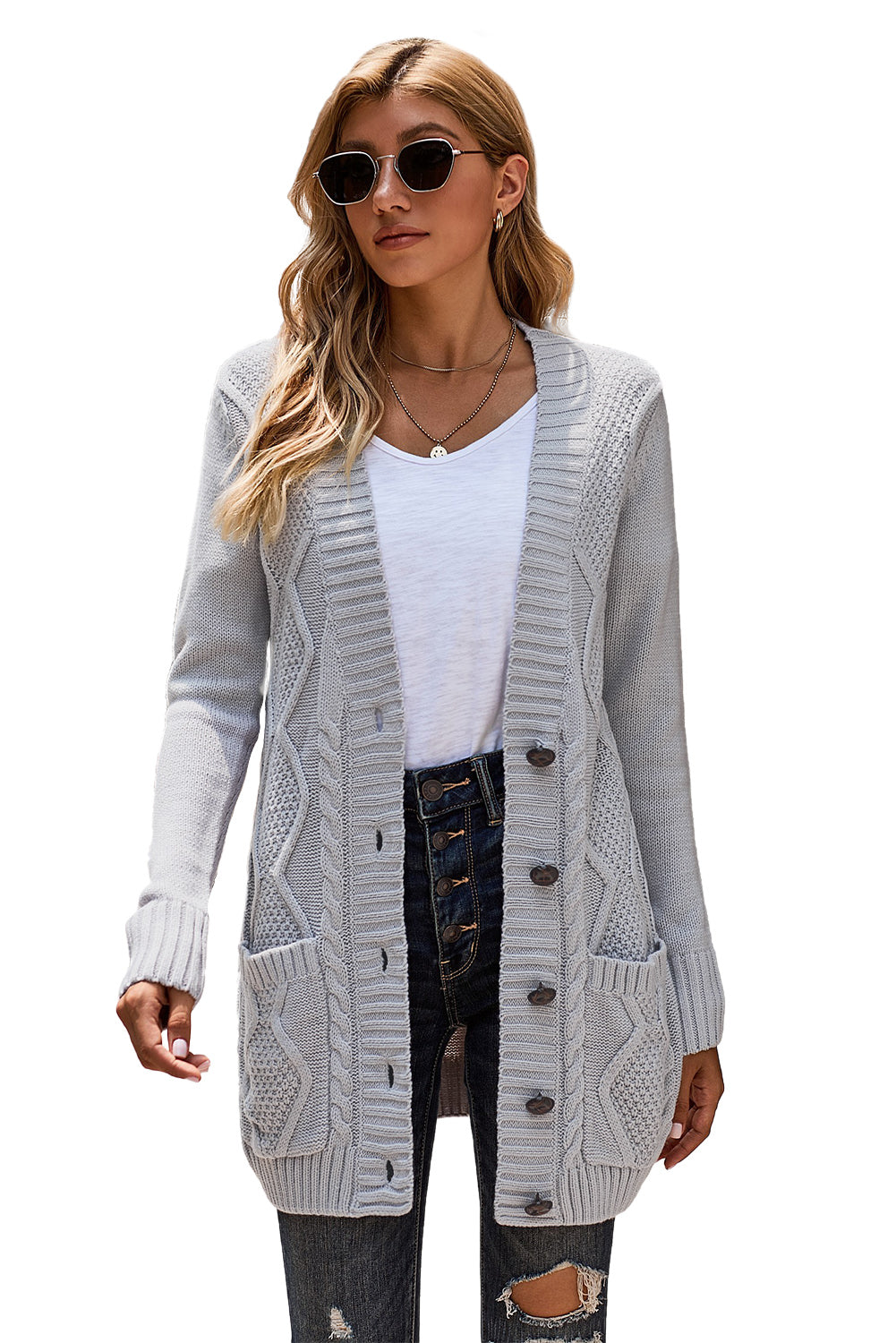 Grey Button Front Long Sleeve Fall Cardigan Sweater for Women