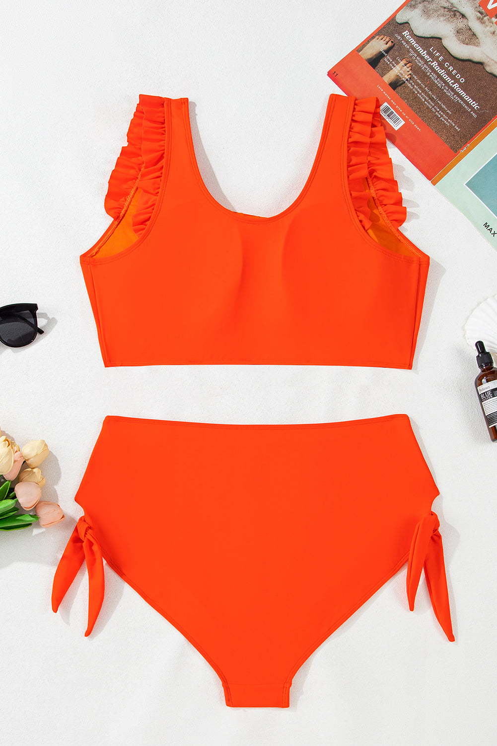 Orange Ruffled Trim Knotted High Waist Plus Size Bikini Set