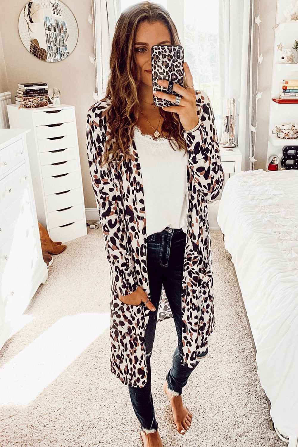 Leopard Side Pocket Open Front Duster Cardigan