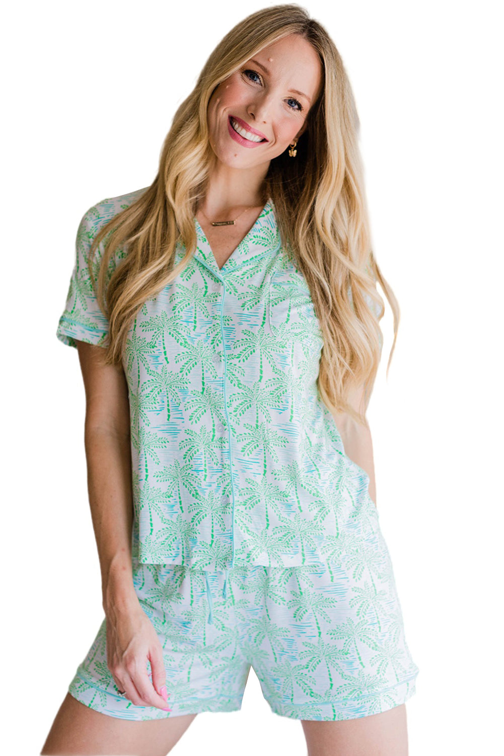 Green Vacation Coco Tree Print Short Sleeve Pajama Set