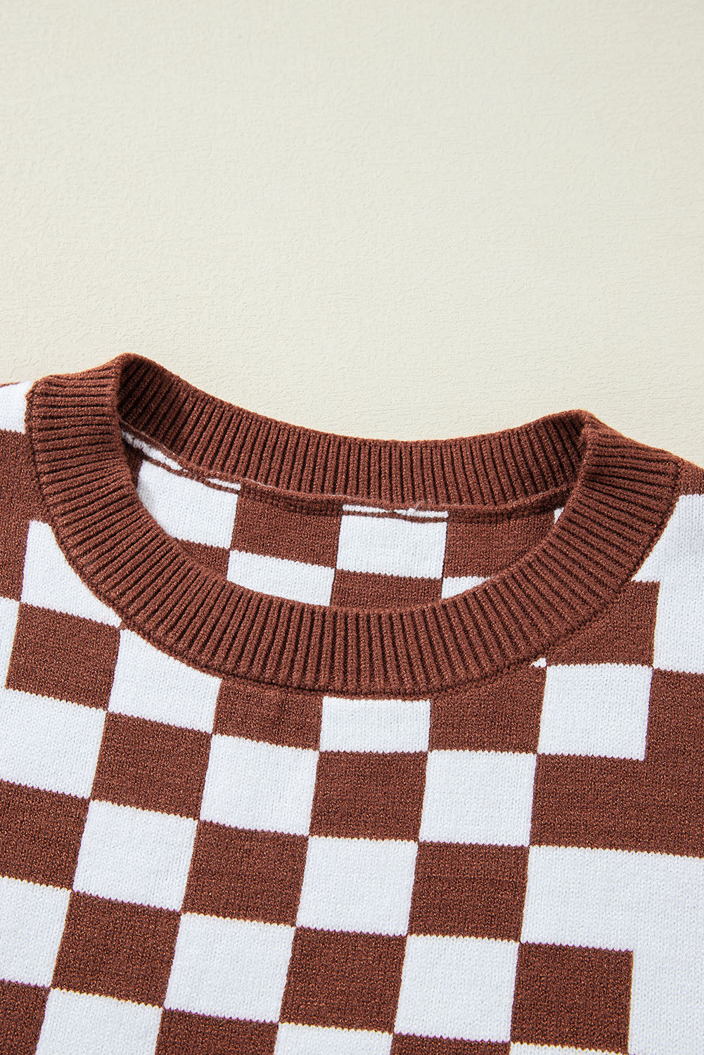 Checkered Drop Shoulder Round Neck Sweater