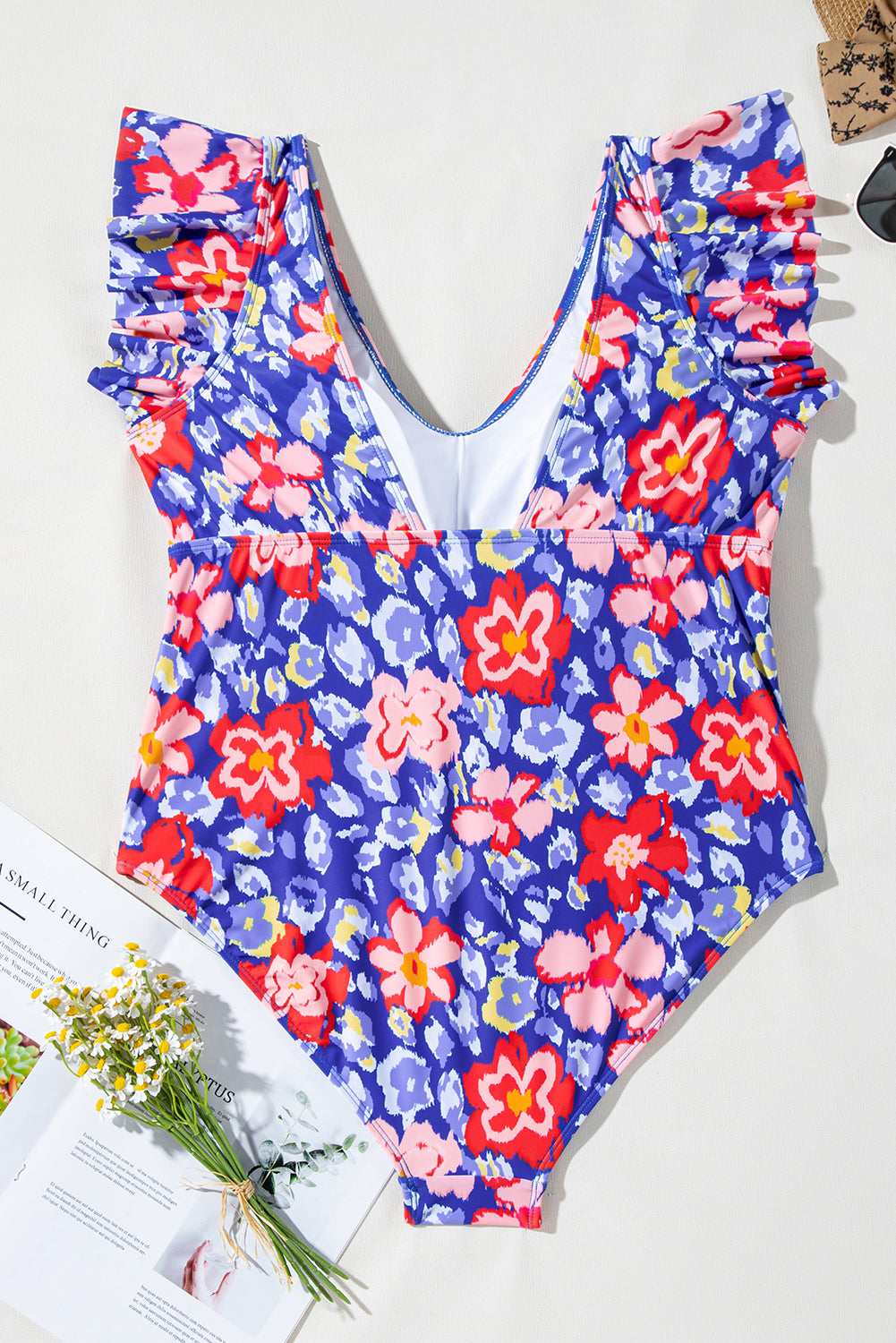 Blue Floral Print Ruffled V Neck High Waist One Piece Plus Size Swimsuit