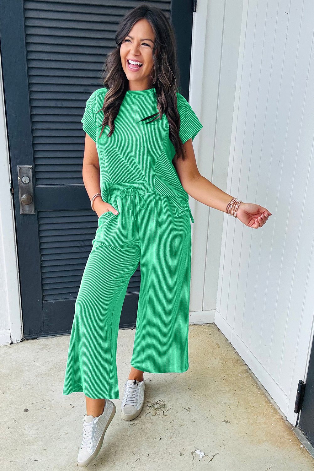 Solid Corded Short Sleeve T Shirt And Wide Leg Pants Set