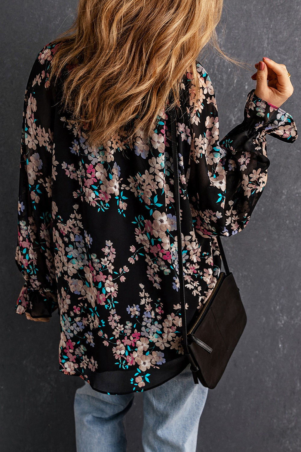 Black Floral Boho Chiffon Peasant Sleeve Blouse