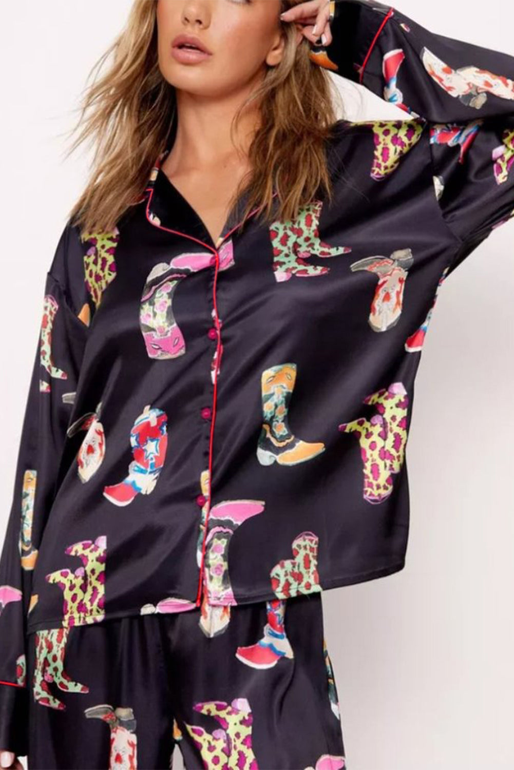 Black Boots Print Loose Shirt and Wide Leg Pyjama Set