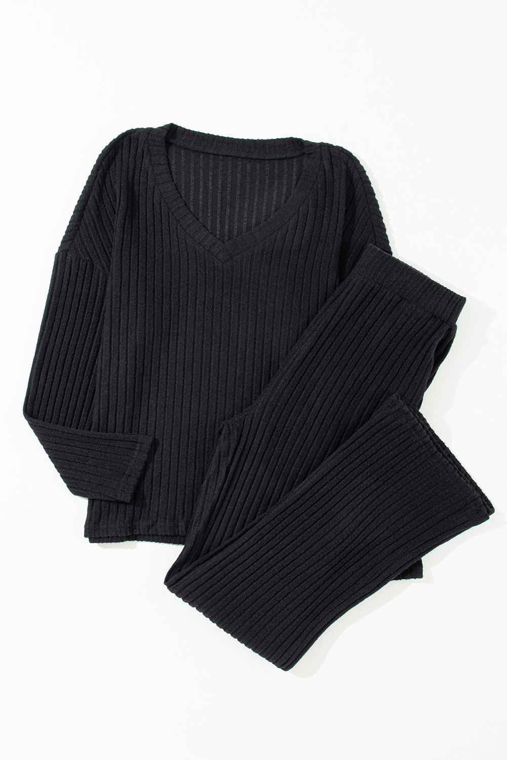 Slouchy Ribbed Knit V Neck Top & Pants Loungewear Set