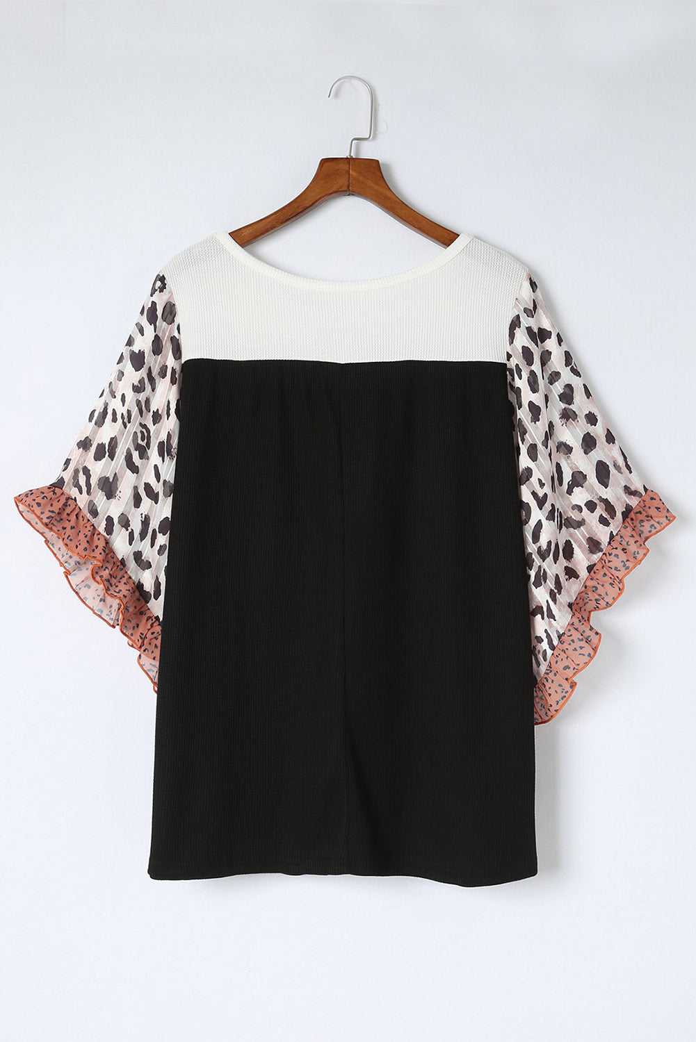 Black Rib Knit Animal Print Ruffle Sleeves Plus Size Top