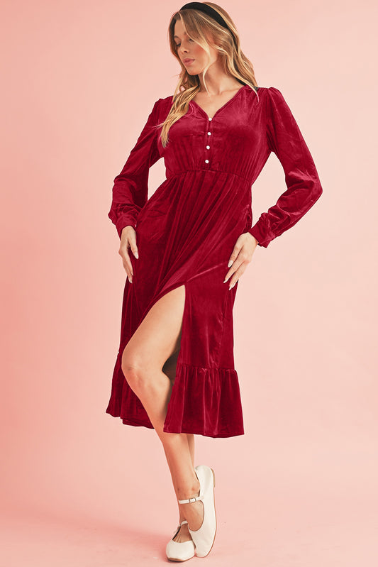 Racing Red Velvet Buttoned Puff Sleeve V Neck Split Midi Dress