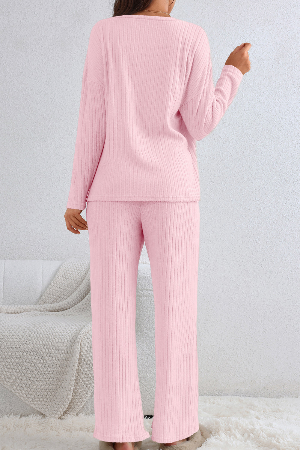 Slouchy Ribbed Knit V Neck Top & Pants Loungewear Set