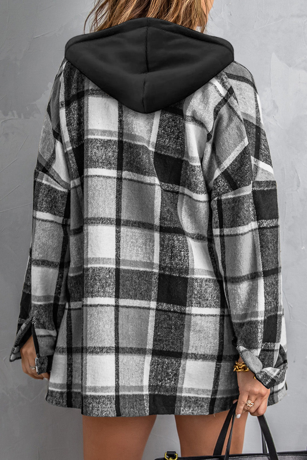 Plaid Button Front Drop Sleeve Hooded Shacket