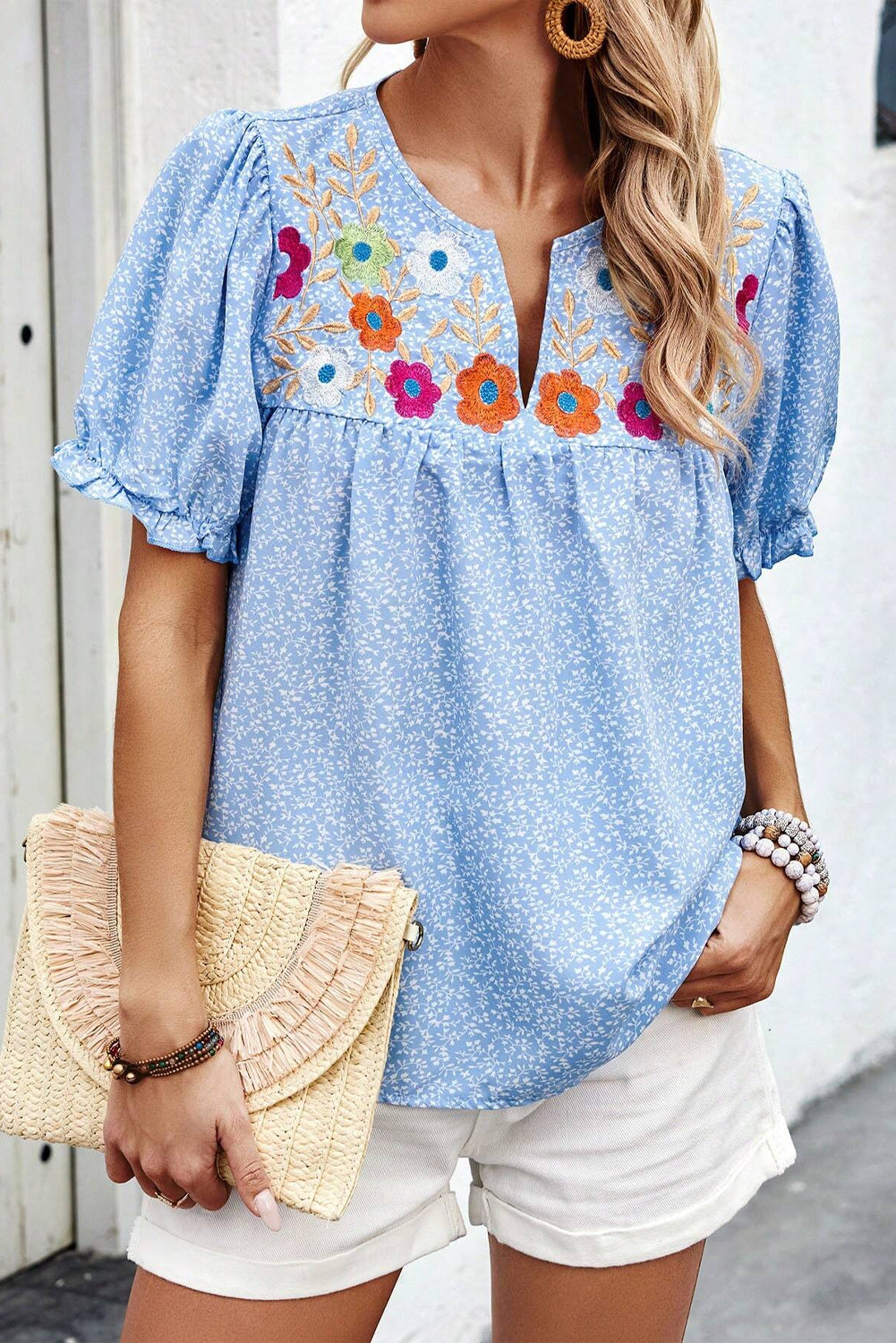 Sky Blue Floral Embroidered Notched V Neck Puff Sleeve Blouse