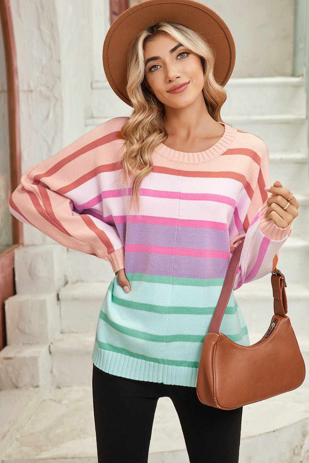 Striped Ribbed Edge Gradient Loose Sweater