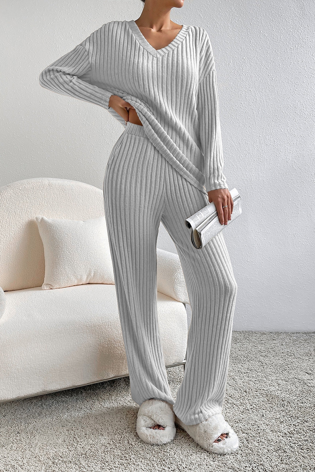 Slouchy Ribbed Knit V Neck Top & Pants Loungewear Set