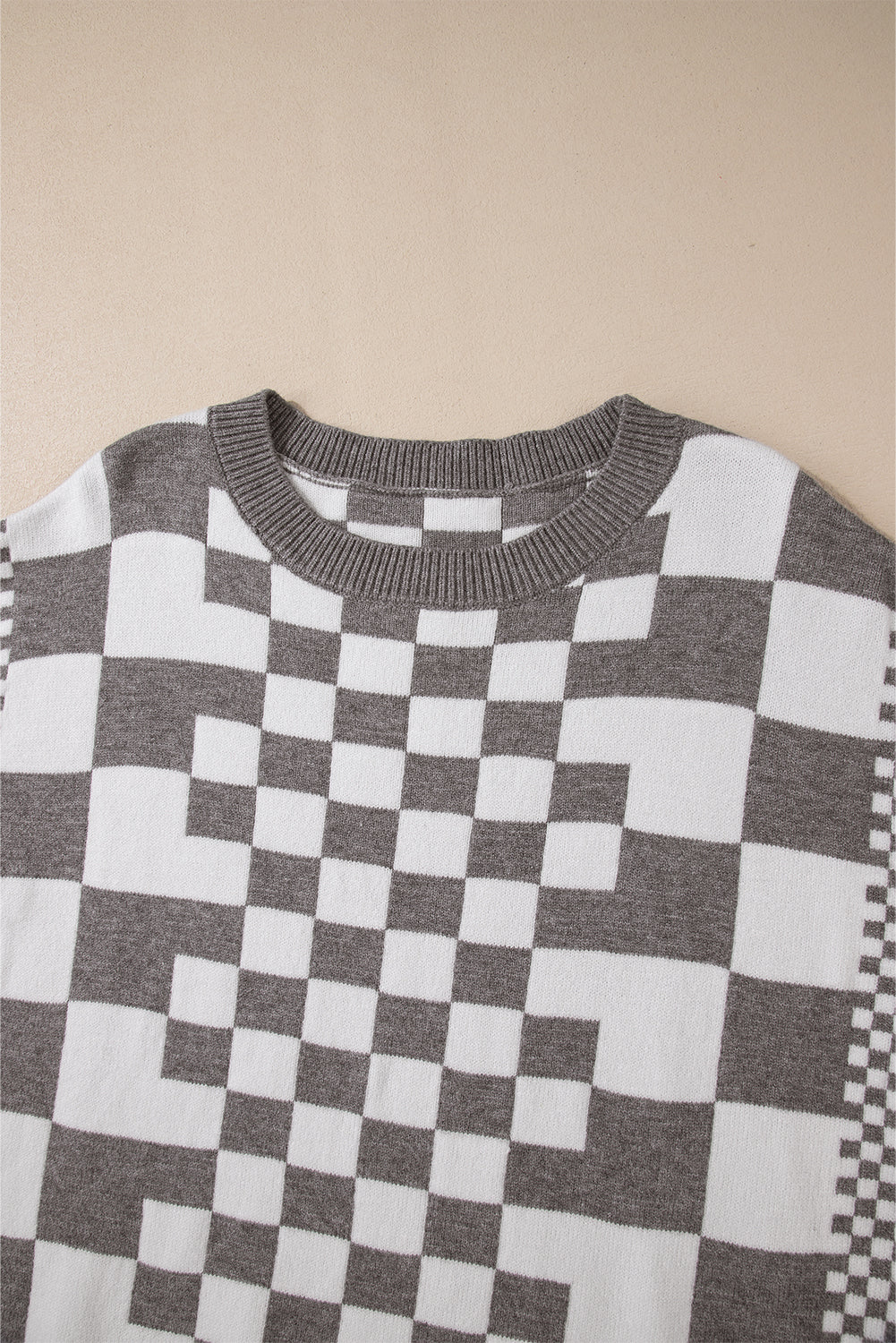 Checkered Drop Shoulder Round Neck Sweater