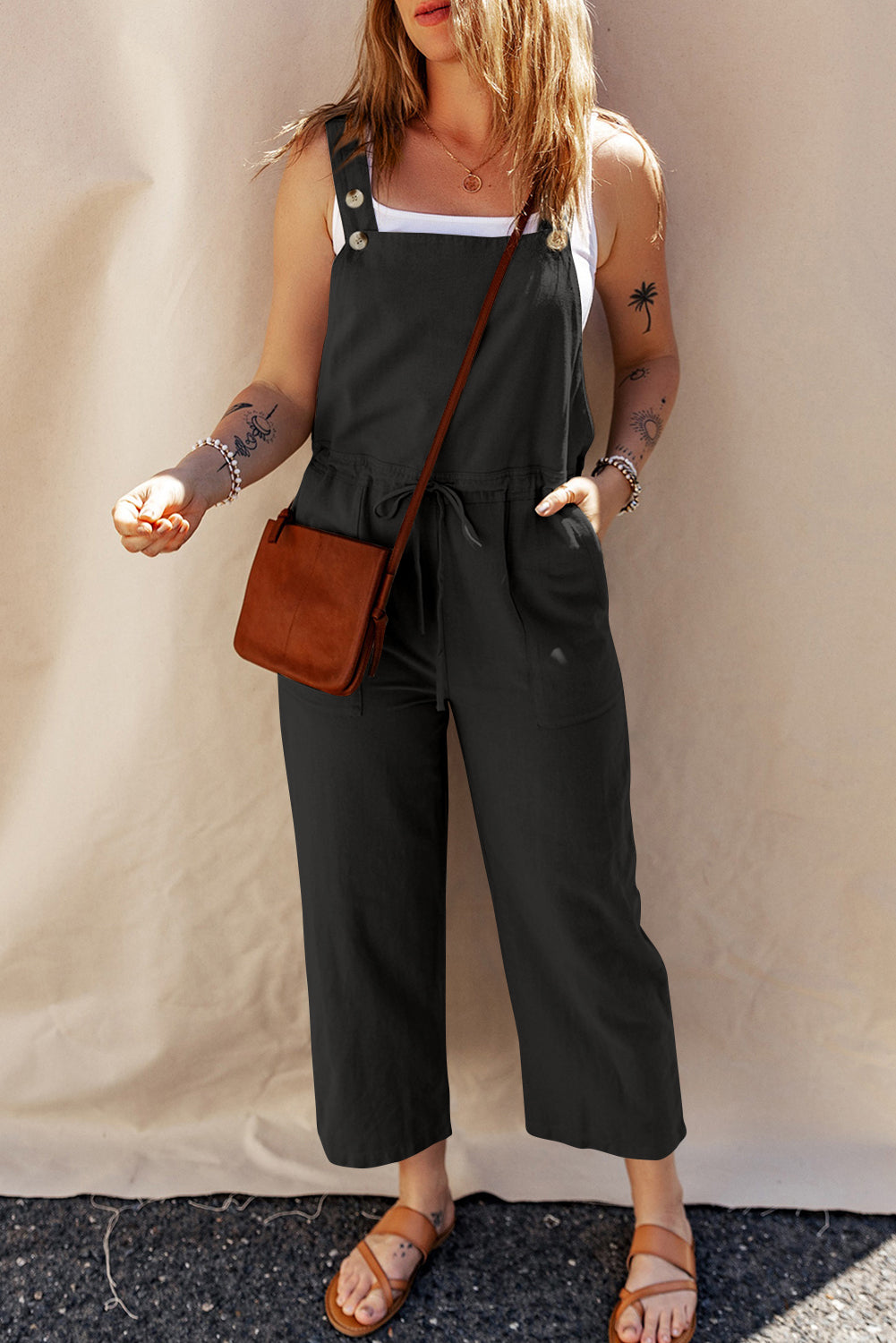 Drawstring Buttoned Straps Cropped Jumpsuit